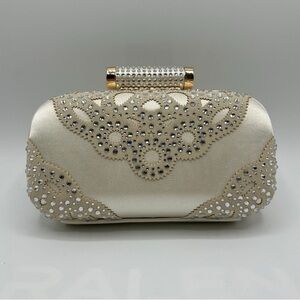 Bagley Mischka Cream Satin Rhinestone Clutch, Elegant Bridal Evening Bag NWT